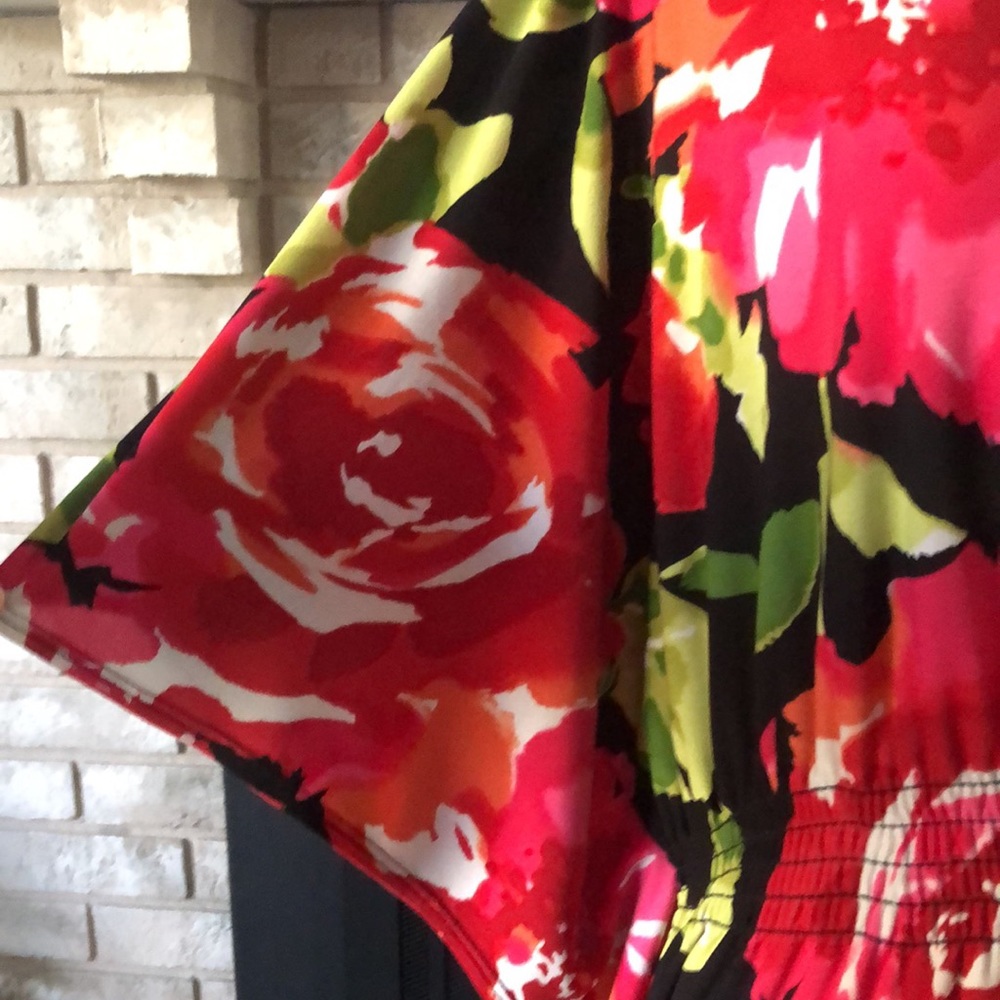 Robbie Bee Black Red Pink Batwing Elastic Waist V-Neck Dress size 1X - Picture 5 of 11